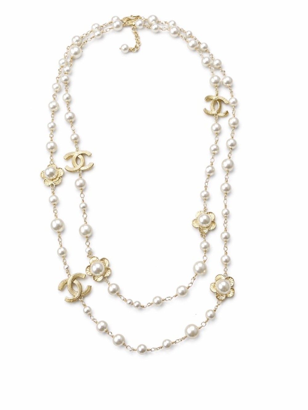 🤍Chanel Pearl CC Logo Multilayered Strand Necklace Gold Tone Floral Motif✨